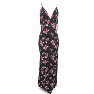 New Flynn Skye Paris Maxi Dress Womens L Rose Cluster Black Red Floral Rayon